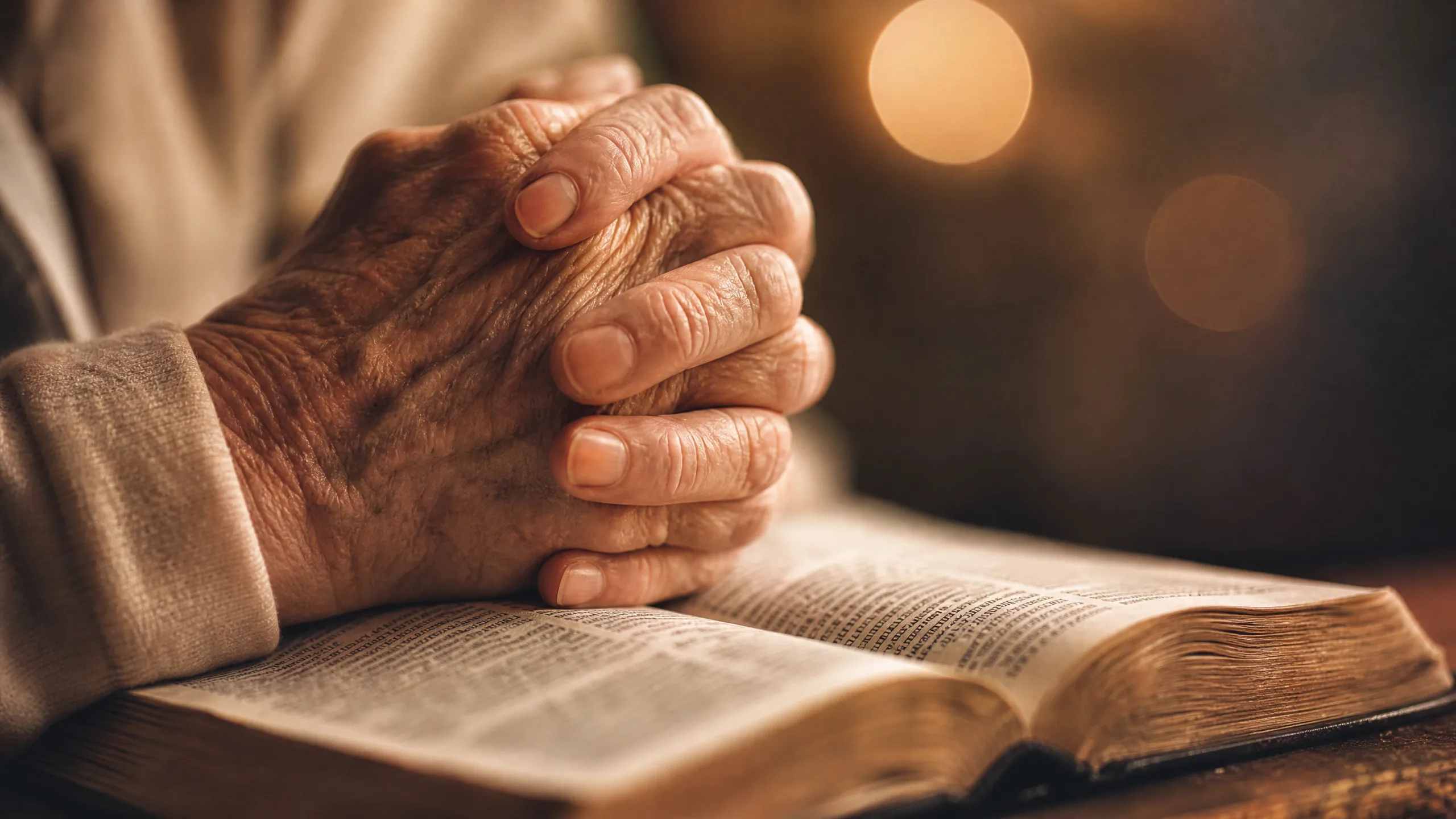 Hands folded in prayer in soft light