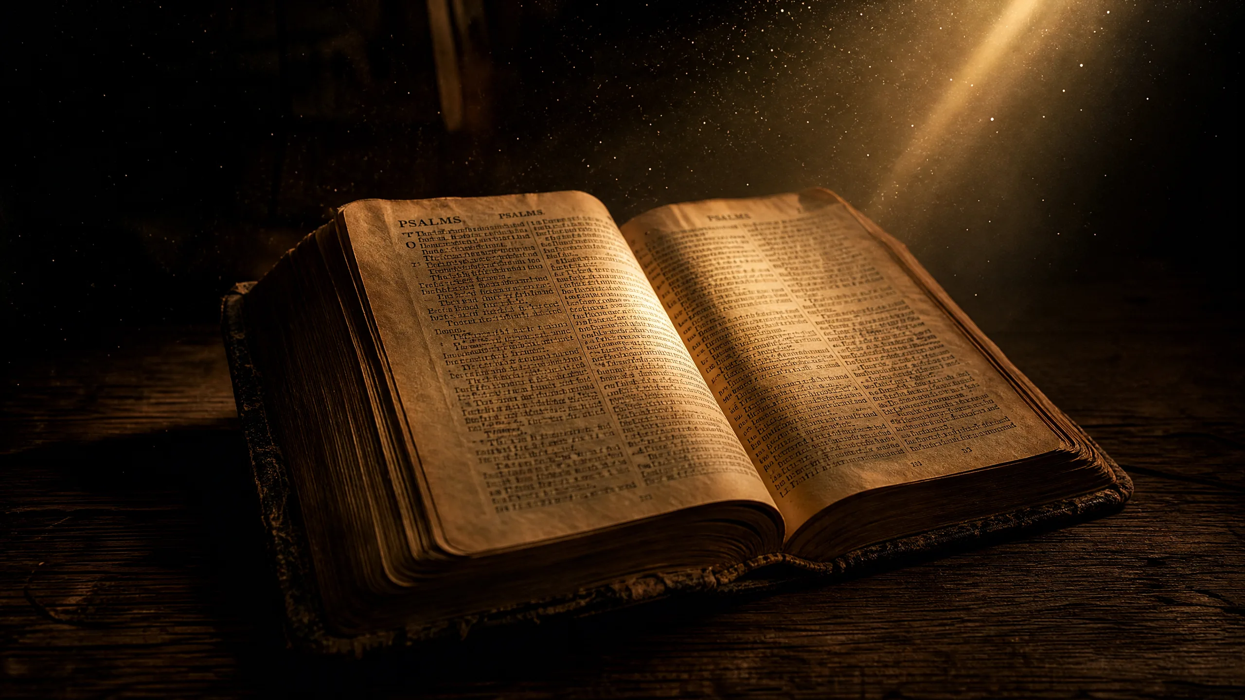 An open Bible illuminated by warm light